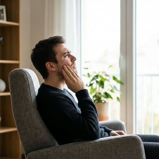 Hombre con molestia mandibular en casa